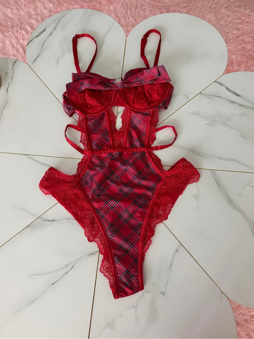 Y2K Red Plaid Lace Cutout Bodysuit size s